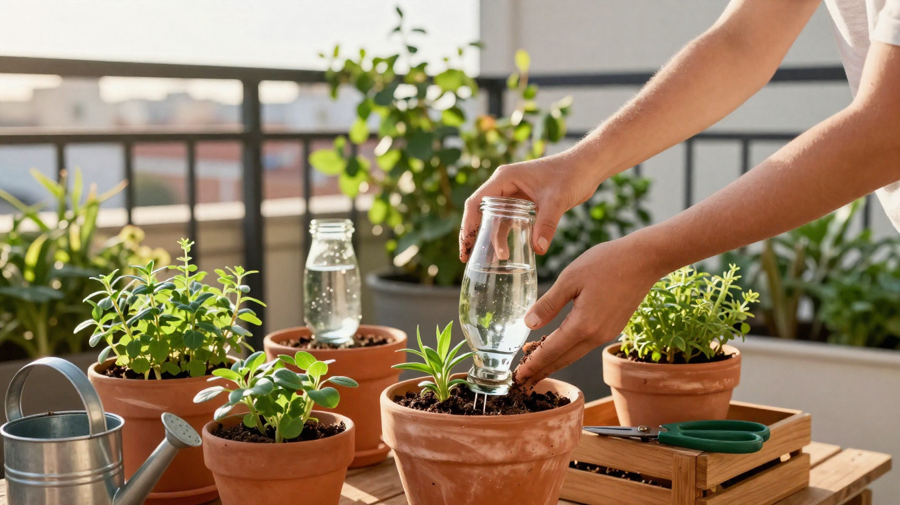 Hands watering a small plant in a terracotta pot on a balcony table with other potted plants and gardening tools.