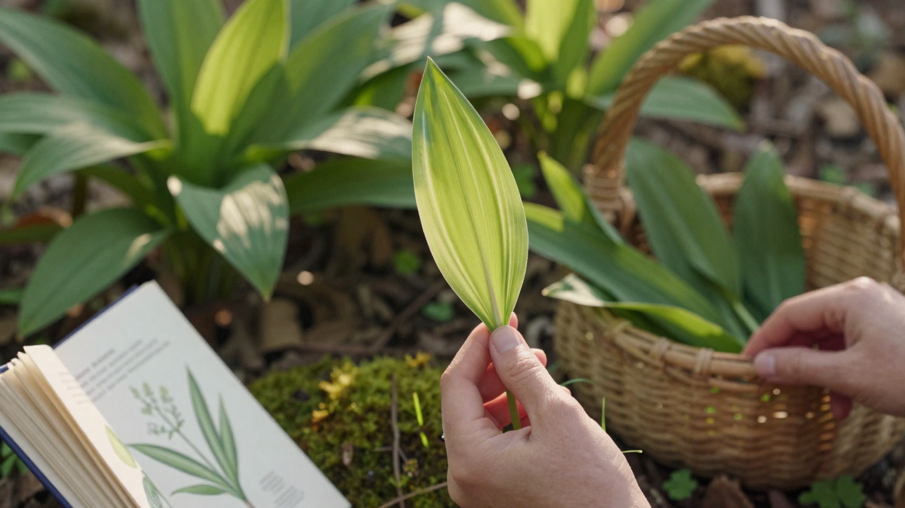 Hands holding a green leaf next to a basket and an open botanical guidebook on the ground in a garden.