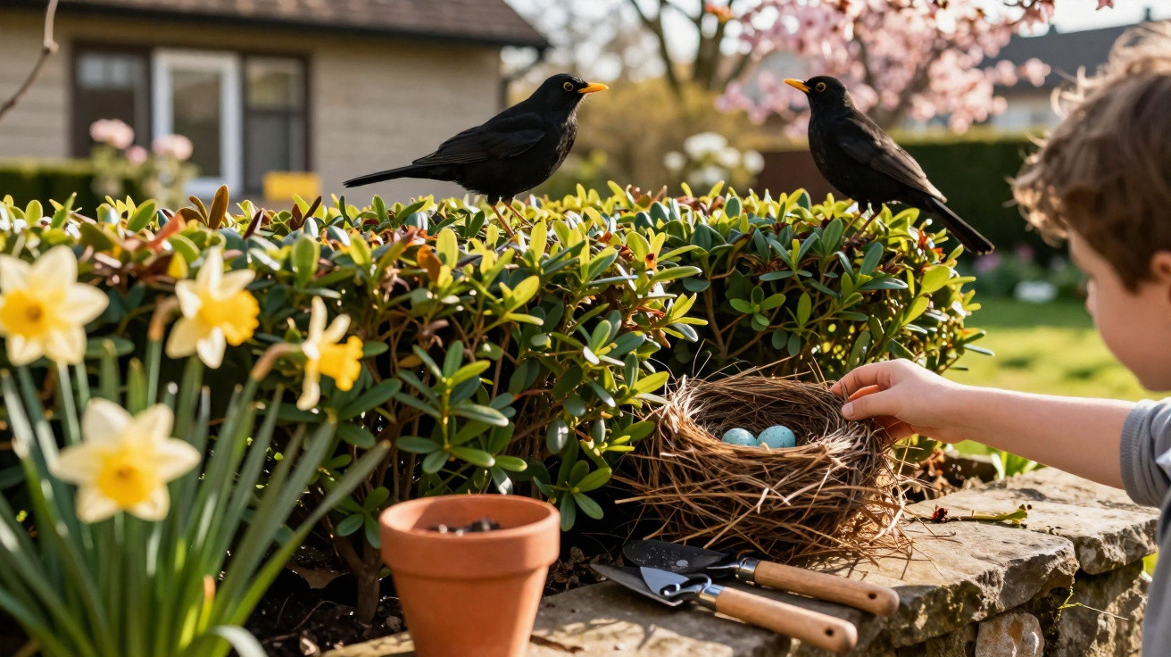Child reaches towards a bird's nest with blue eggs on a garden wall while two blackbirds watch nearby.