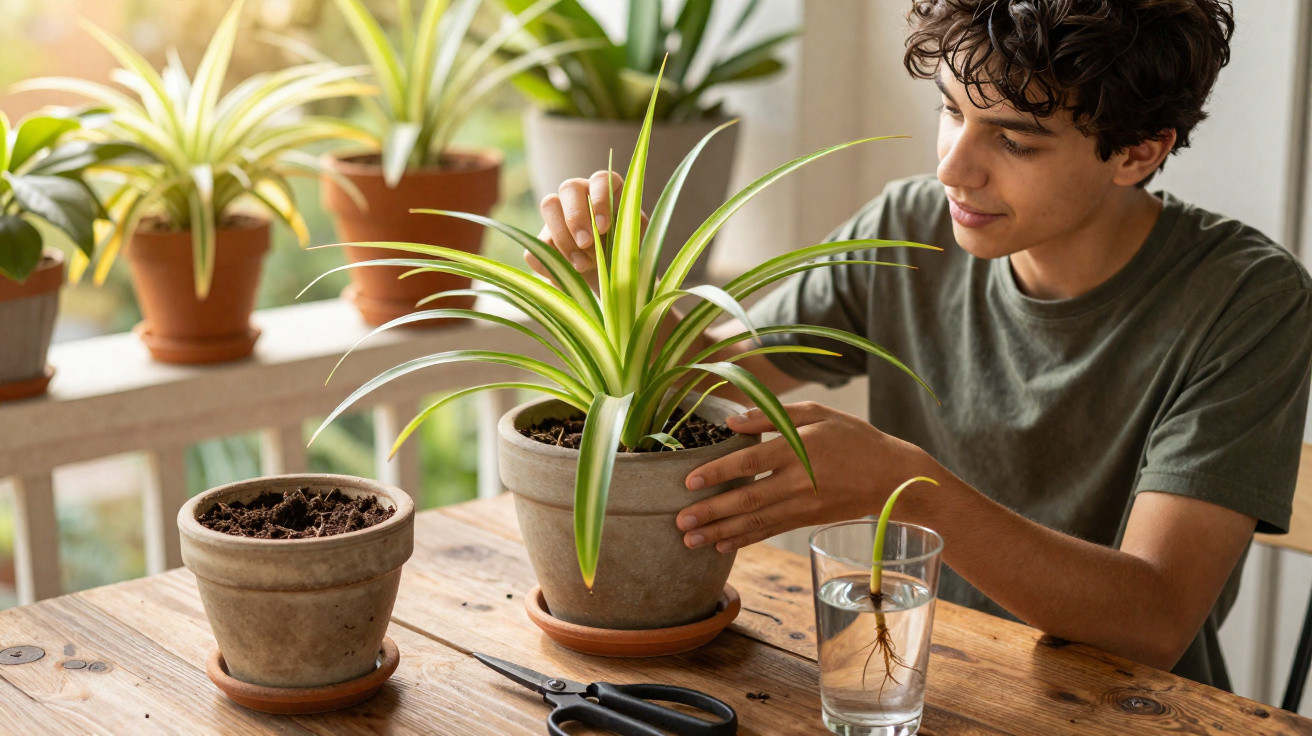Young man repotting a green houseplant on a wooden table with gardening scissors and glass of water nearby.
