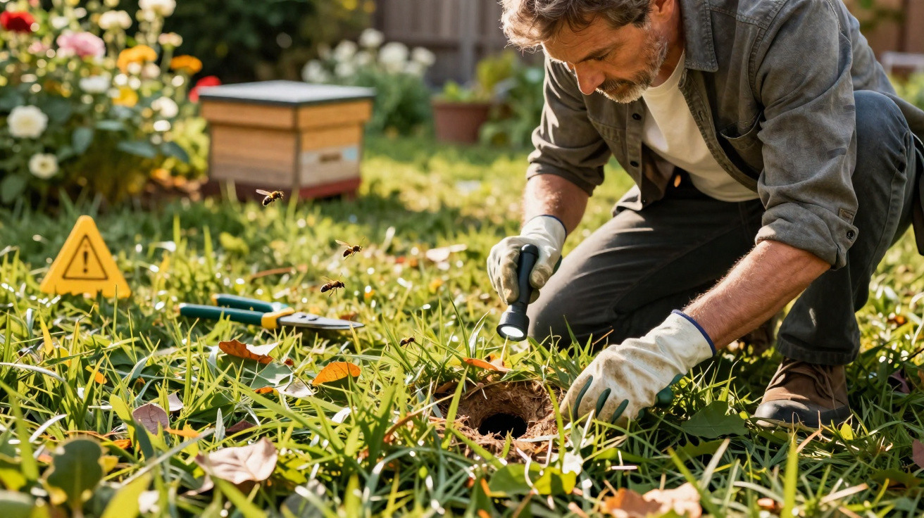Man wearing gloves inspecting a hole in the ground near a beehive with bees flying around in a garden.