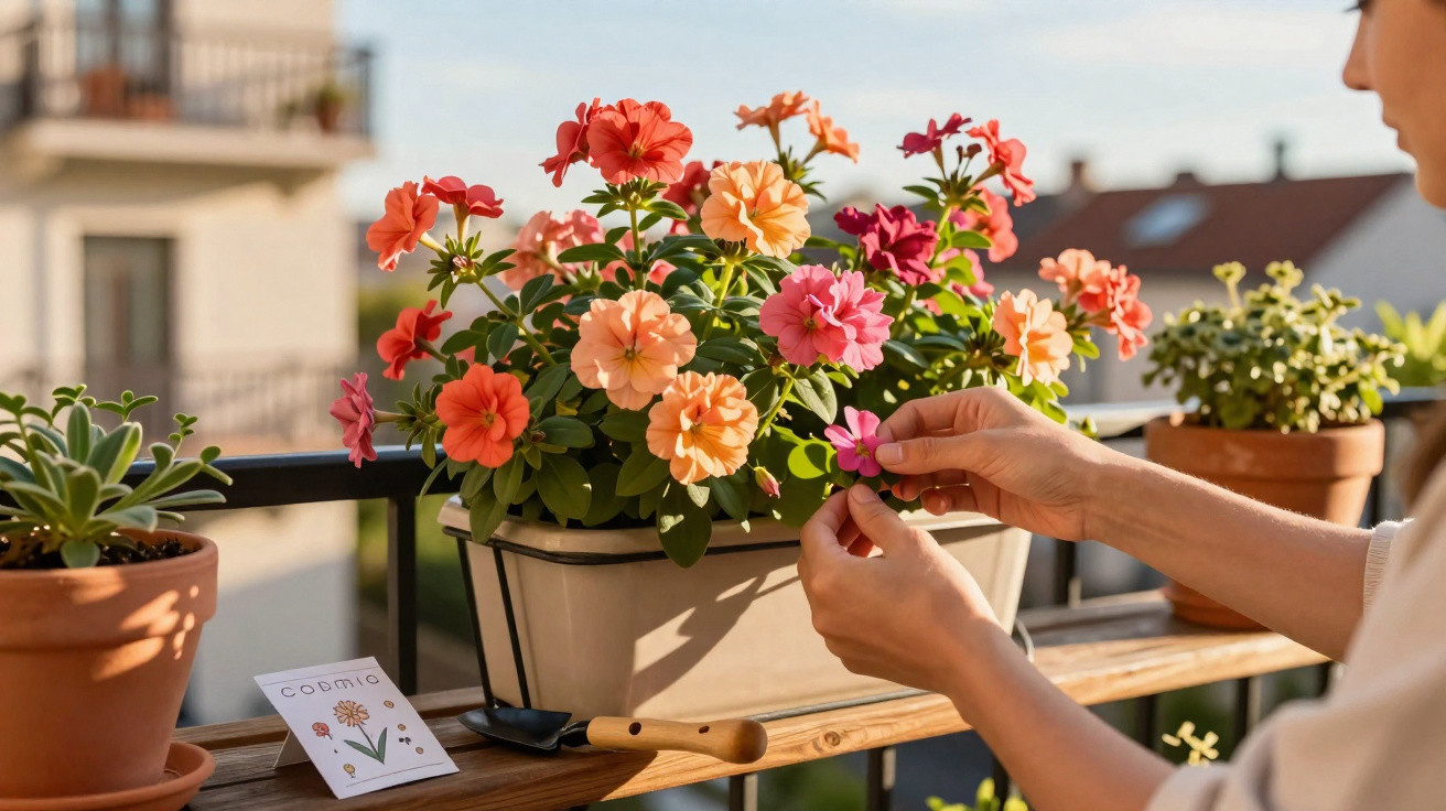 Person tending to a colourful flowerpot with orange and pink blooms on a sunny balcony garden.