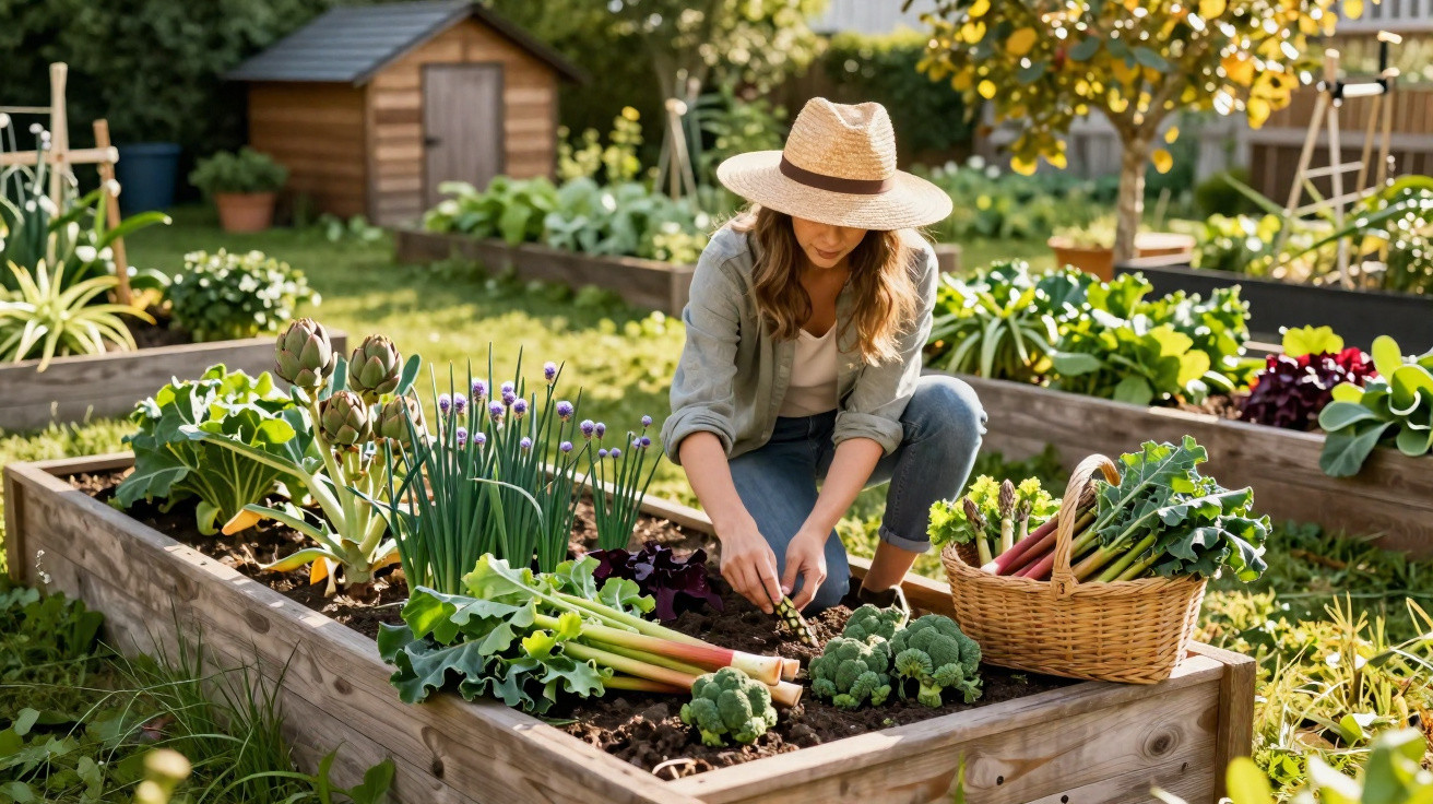 Woman wearing a hat harvesting vegetables from a raised wooden garden bed in a sunny backyard.