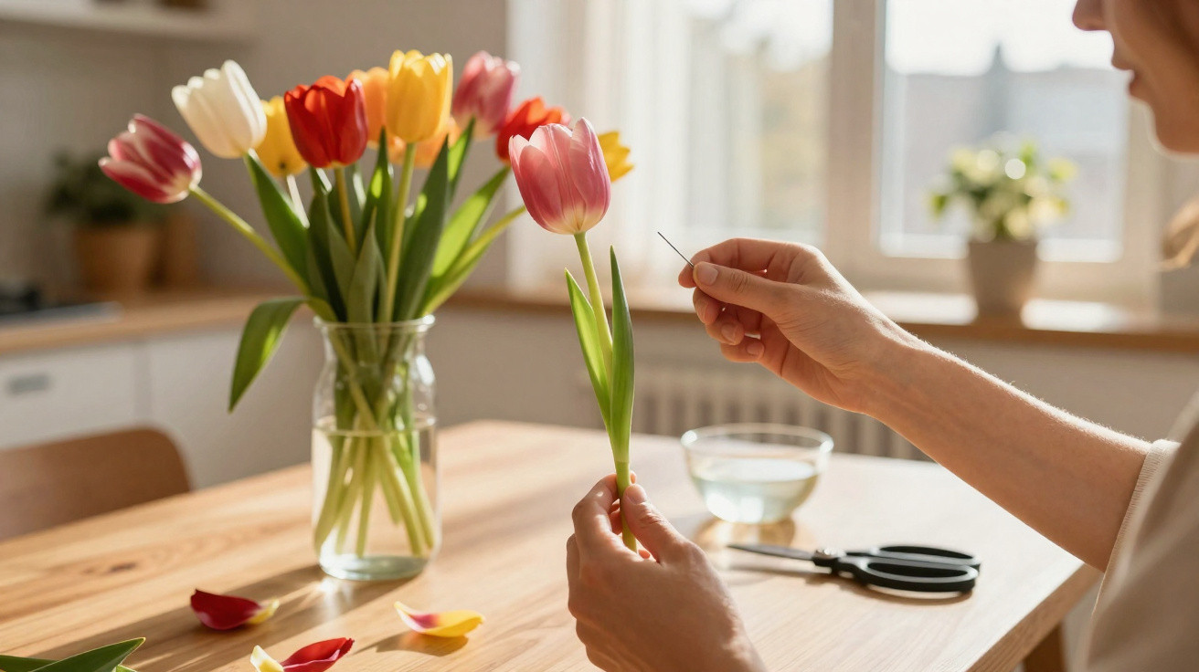 Person carefully arranging pink tulip petals by hand with scissors and a glass of water on wooden table.