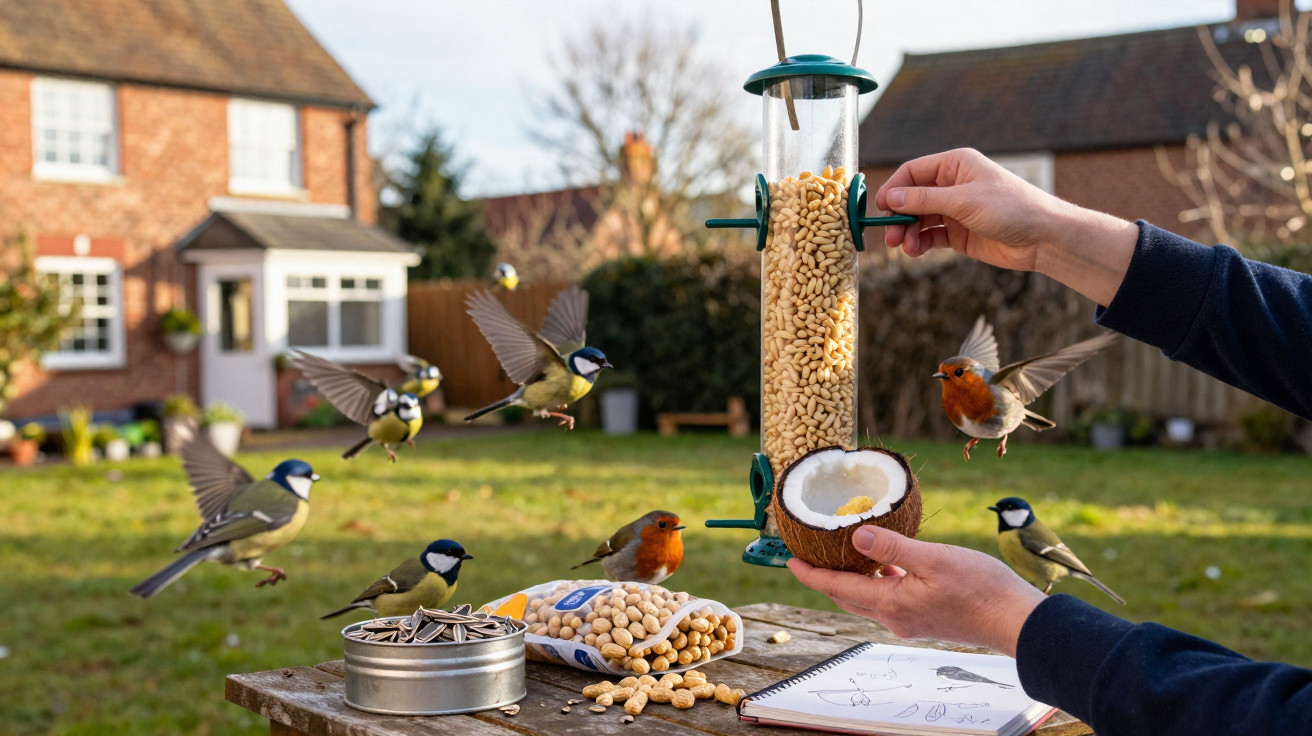 Bird feeder filled with peanuts attracting various small birds in a suburban garden.