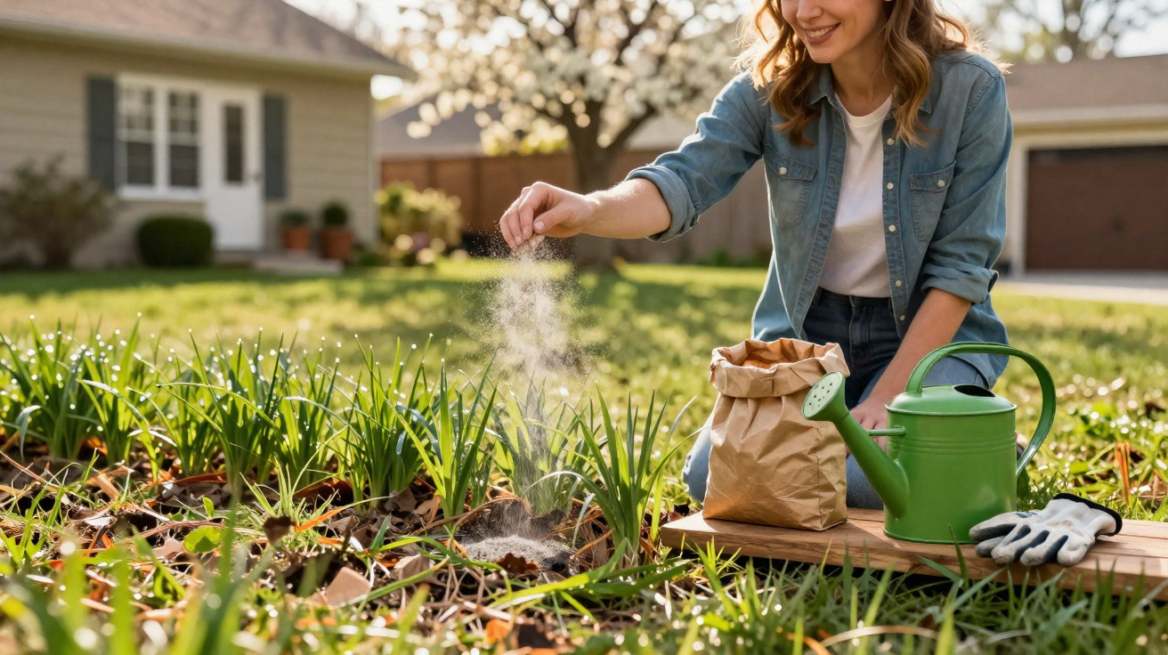 Woman sprinkling fertilizer on green plants in a garden with a watering can and gloves nearby on a wooden plank