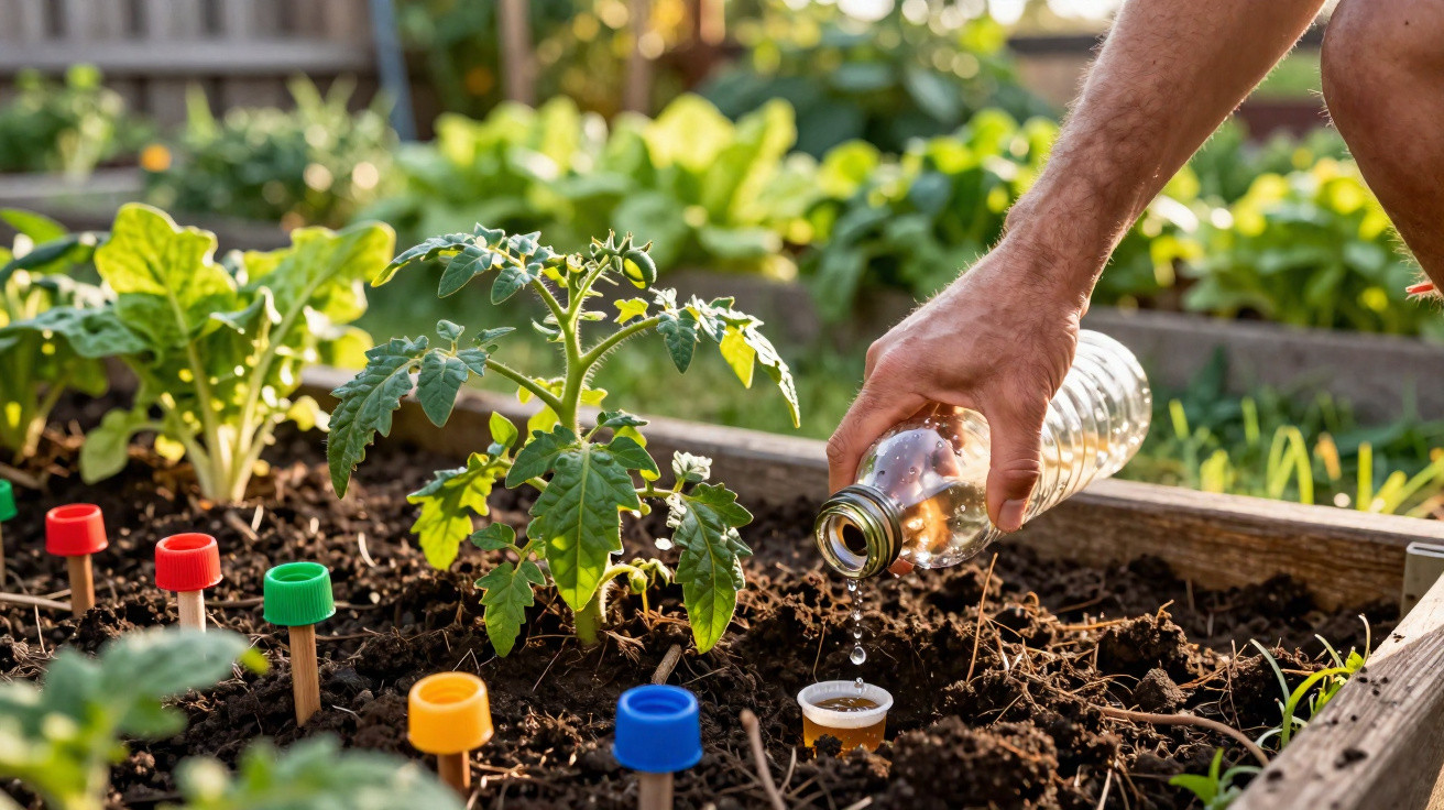 Hand watering young tomato plant in raised garden bed with colourful plant markers in soil.