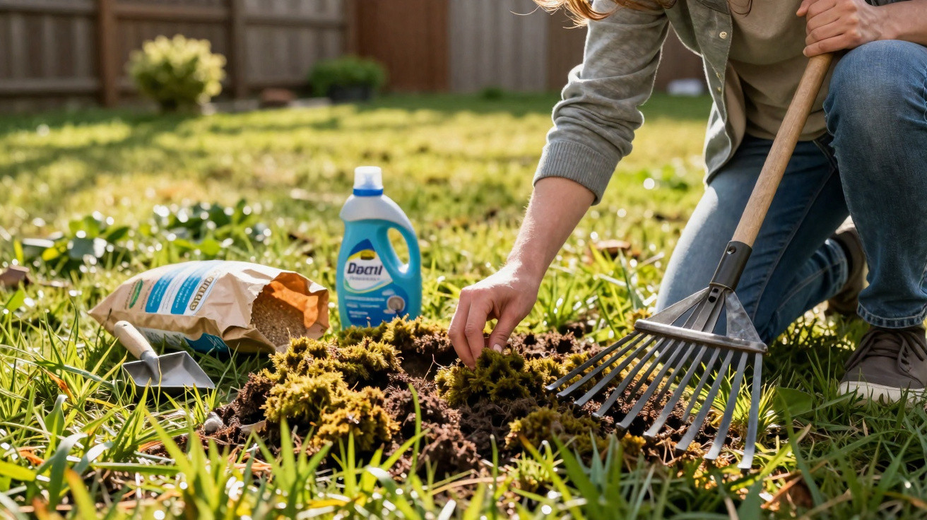 Person kneeling on grass, raking and removing moss with gardening tools and soil treatment nearby.