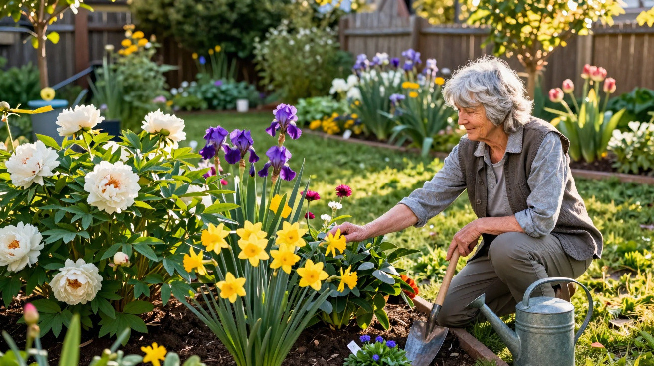 Elderly woman gardening, tending colourful flowers including daffodils, irises, and peonies in a sunlit garden.