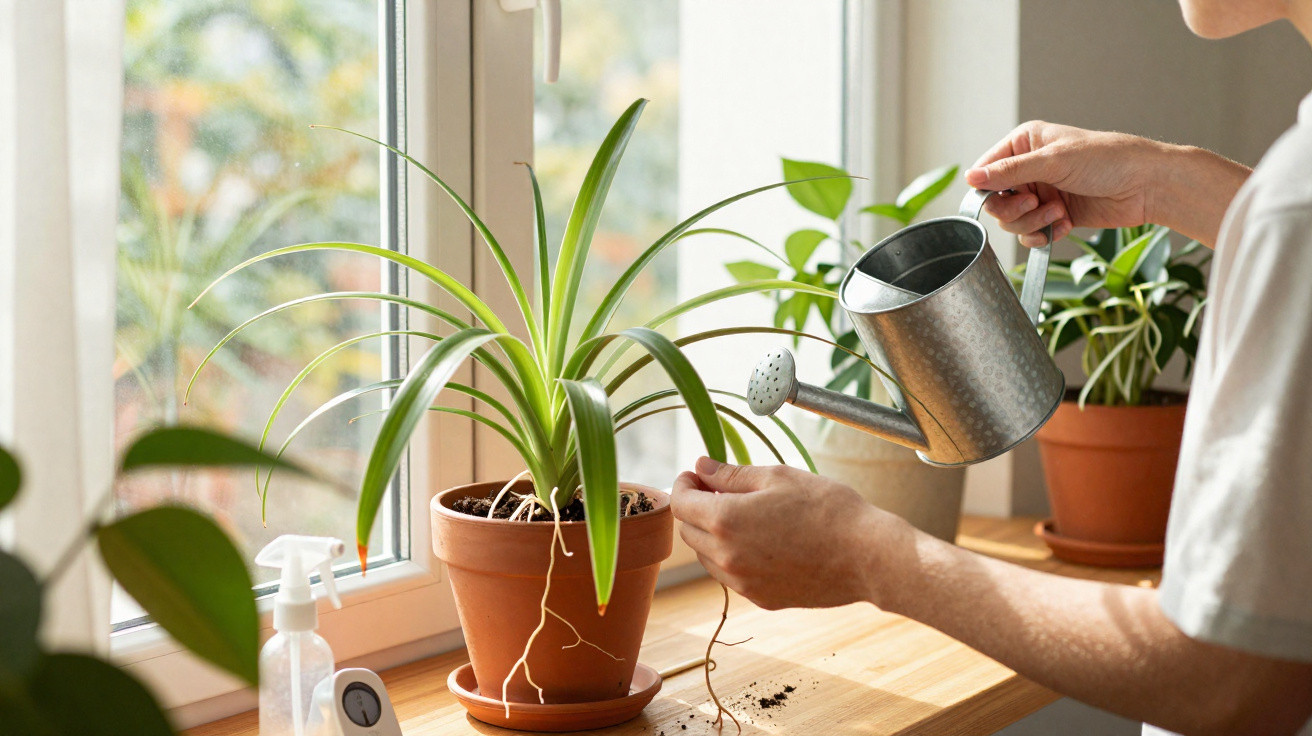 Person watering a green houseplant in a terracotta pot on a windowsill with gardening tools nearby.