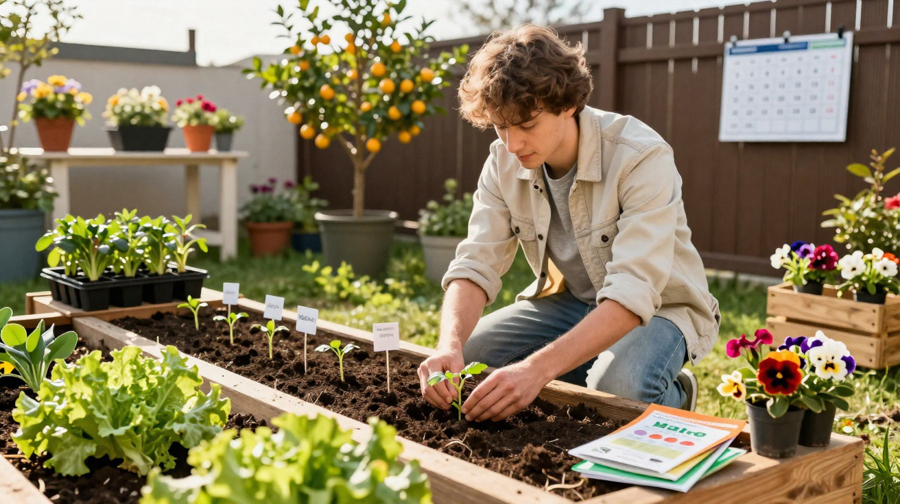 Young man planting seedlings in a raised garden bed surrounded by flowers and gardening supplies outdoors.