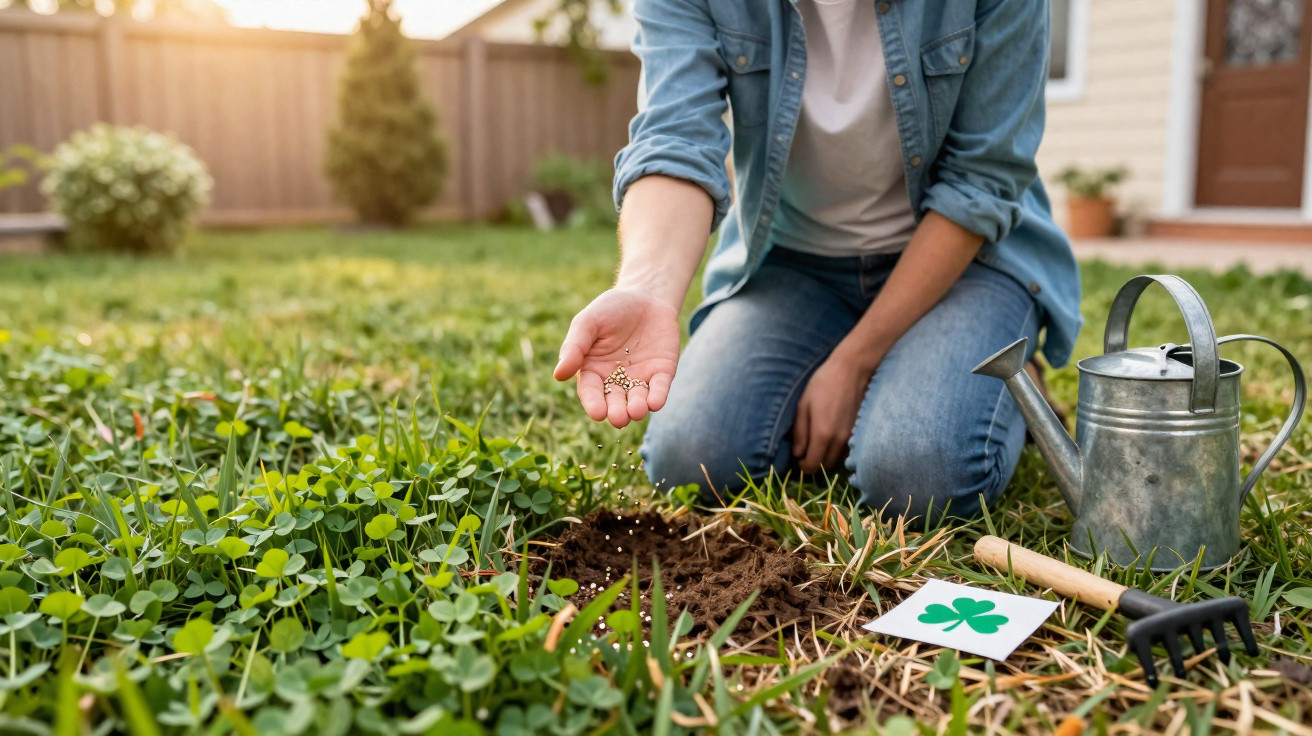 Person kneeling in garden sowing clover seeds with watering can and gardening tools nearby on lawn.