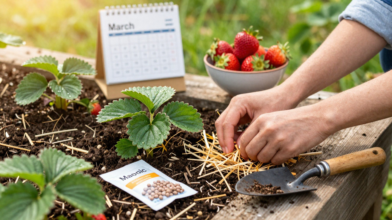 Hands placing straw mulch around young strawberry plants in a garden bed with seeds and a calendar.