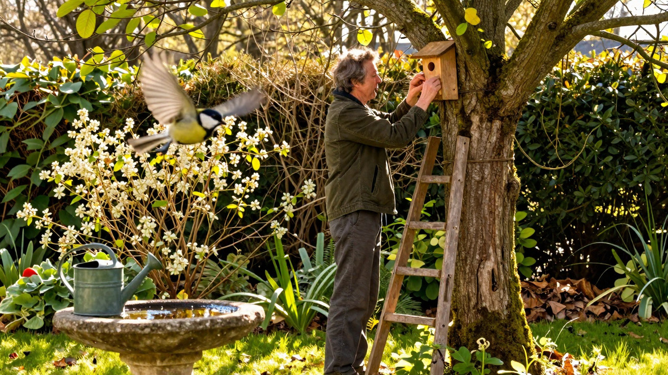 Man on ladder fixing wooden birdhouse to tree with bird flying near garden birdbath and watering can.