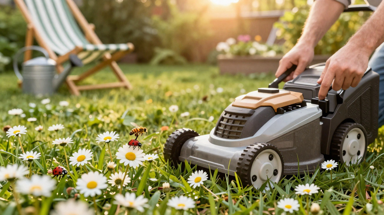 Person mowing lawn with daisies, ladybugs and a bee in garden with deckchair and watering can nearby.