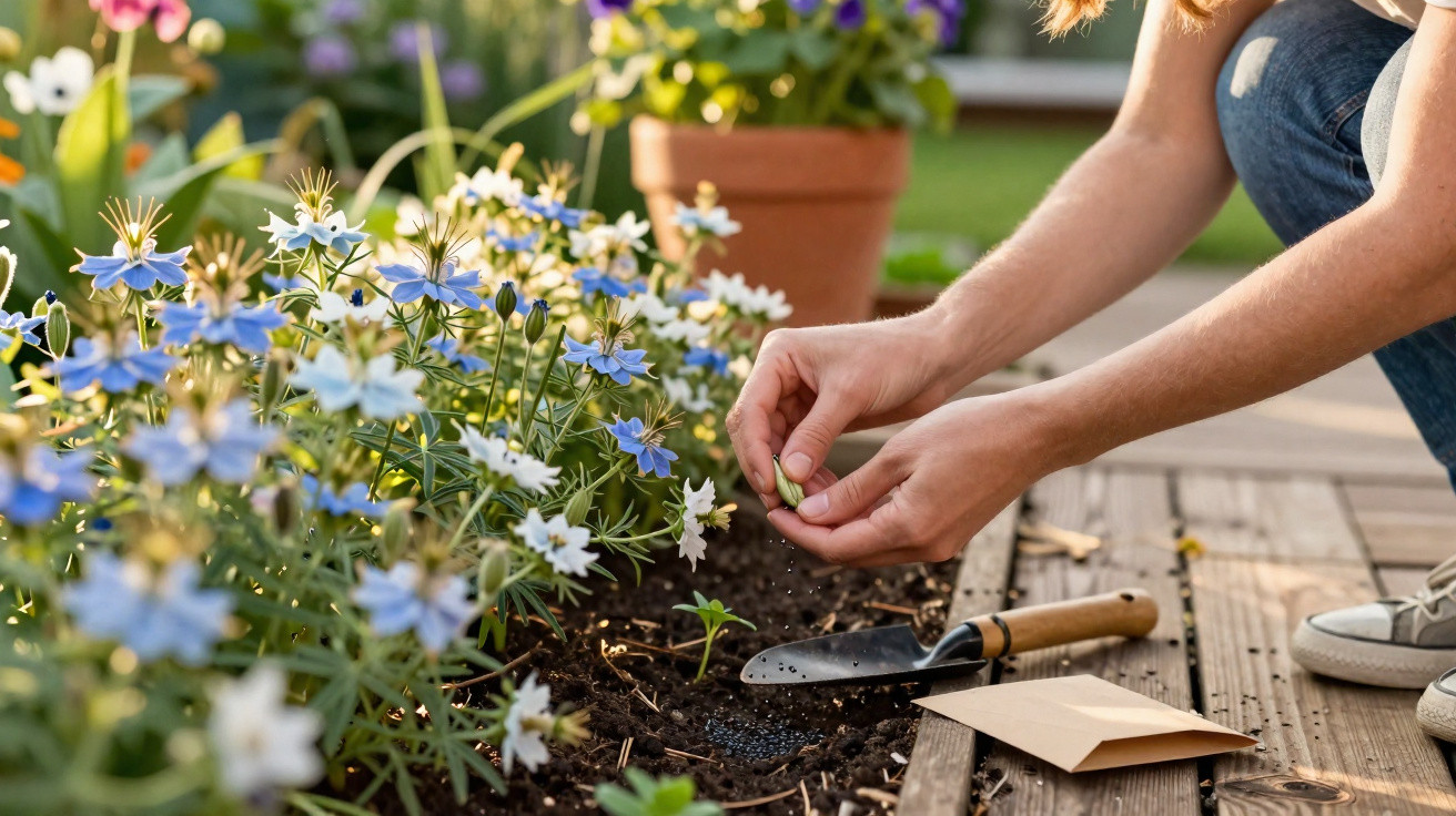 Person planting seeds in a garden bed with blue and white flowers, gardening tools, and a seed packet nearby.