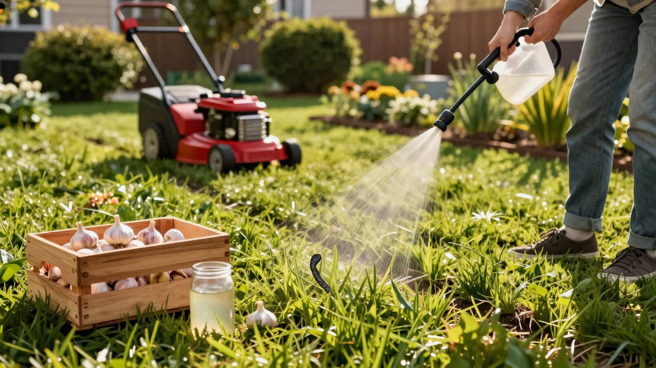 Person spraying weedkiller on grass with a wooden crate of garlic and a lawnmower in the background.