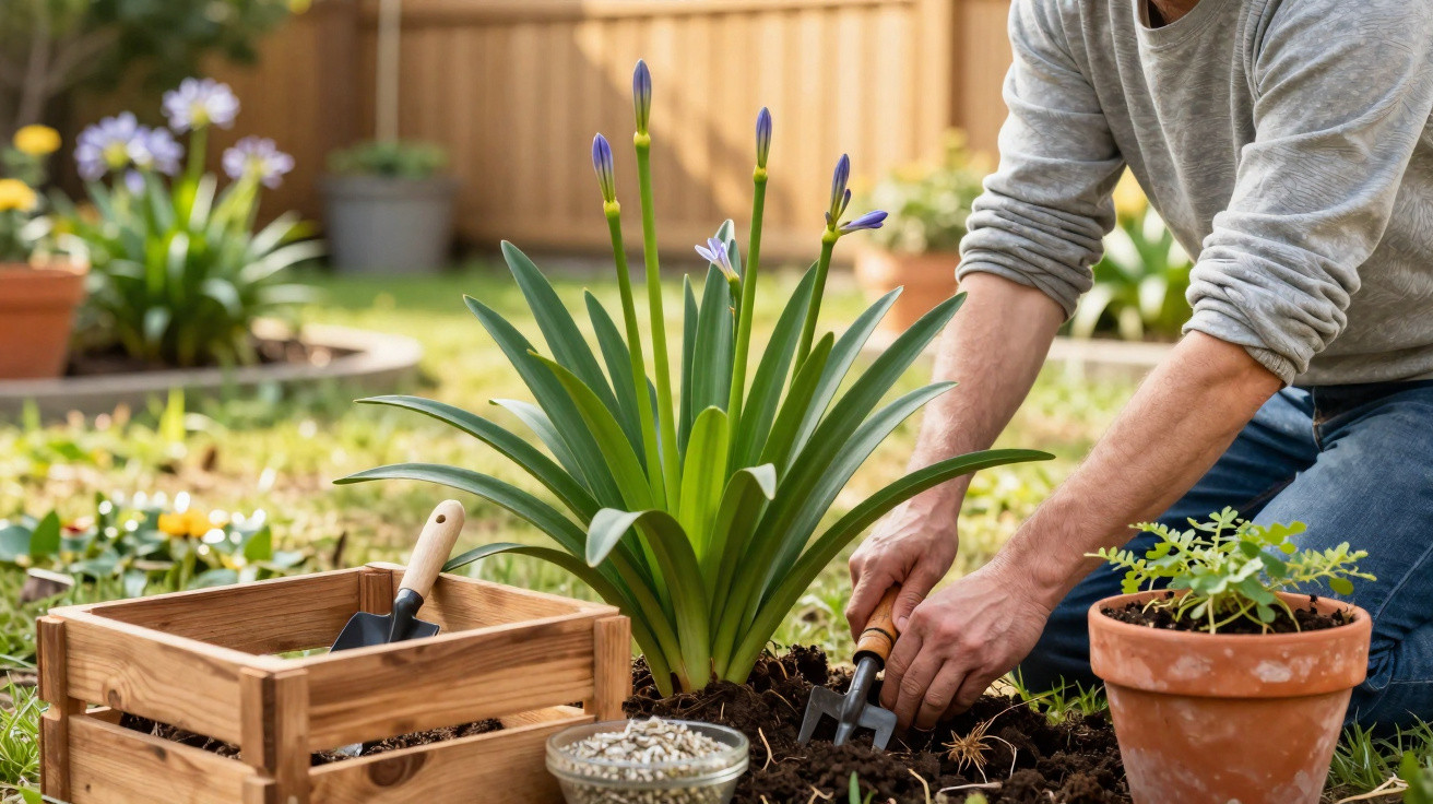 Person planting greenery with gardening tools and pots in a sunlit garden setting.