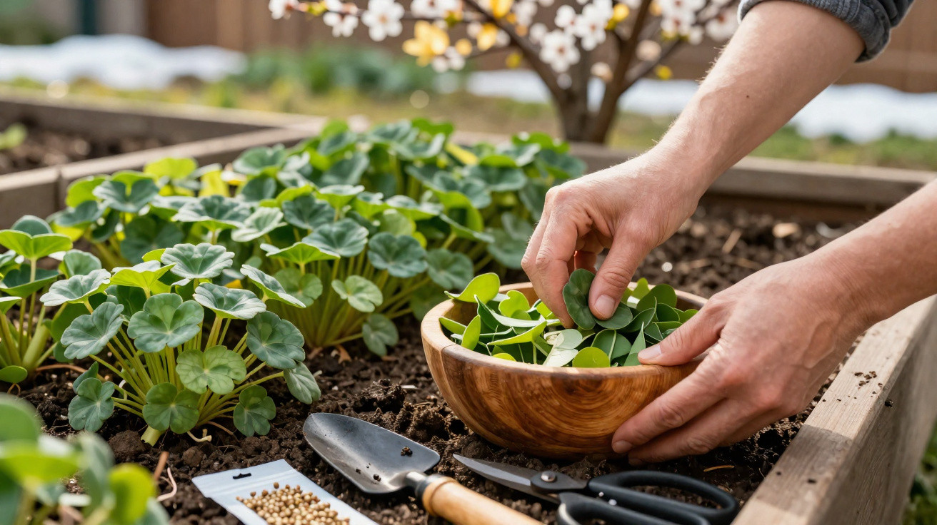 Hands harvesting fresh green leaves into a wooden bowl from a raised garden bed with gardening tools nearby.