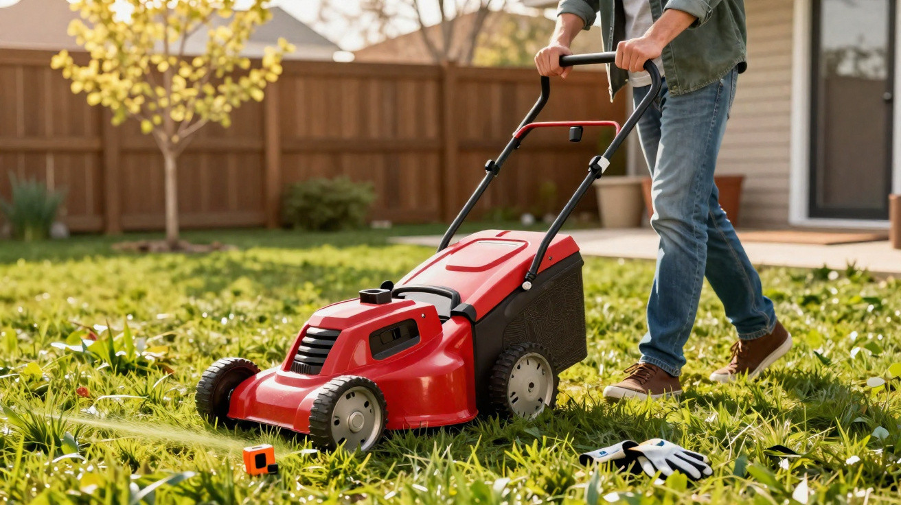 Person mowing a grass lawn with a red electric lawnmower on a sunny day.