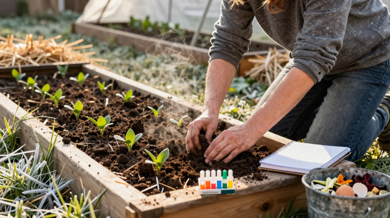 Person planting seedlings in a raised garden bed with soil test kit and notebook nearby on a frosty morning.