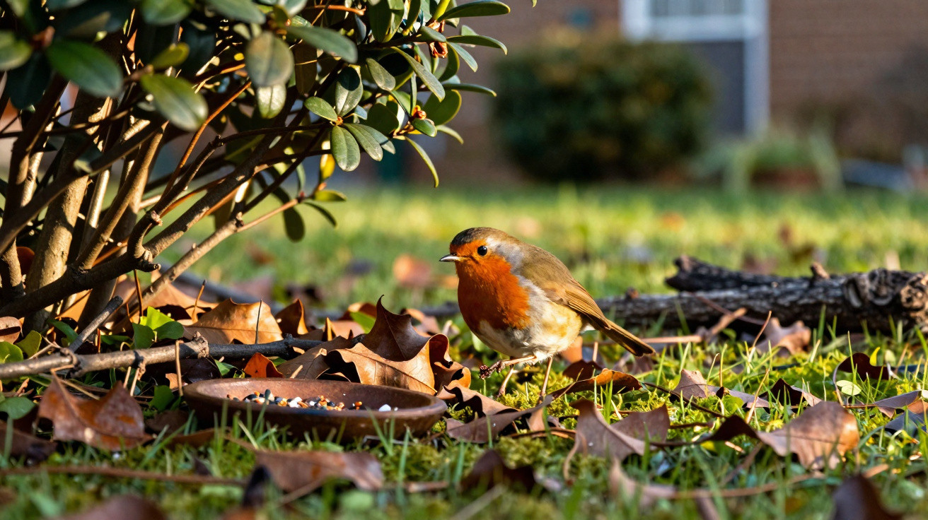 A robin with a red breast stands among autumn leaves and grass near a small dish of birdseed under a bush.