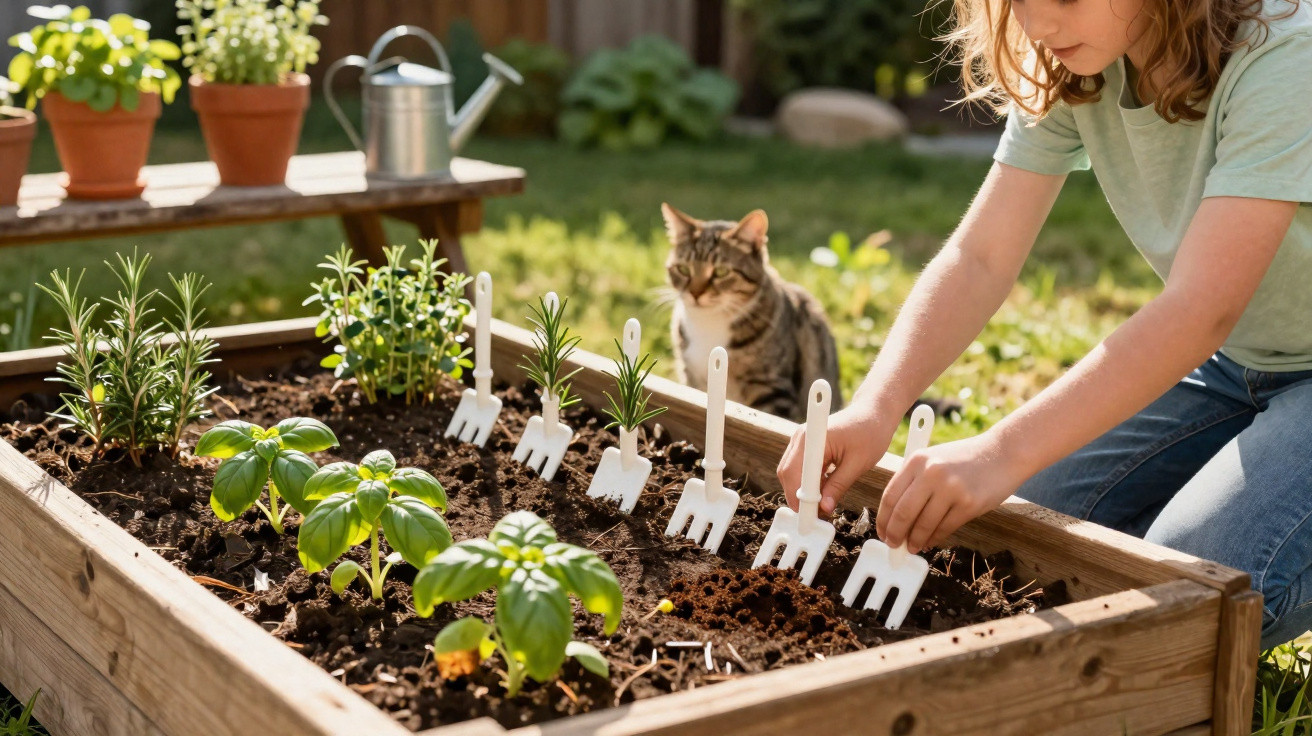 Child planting seedlings in a raised garden bed outdoors with a cat and potted plants in the background.