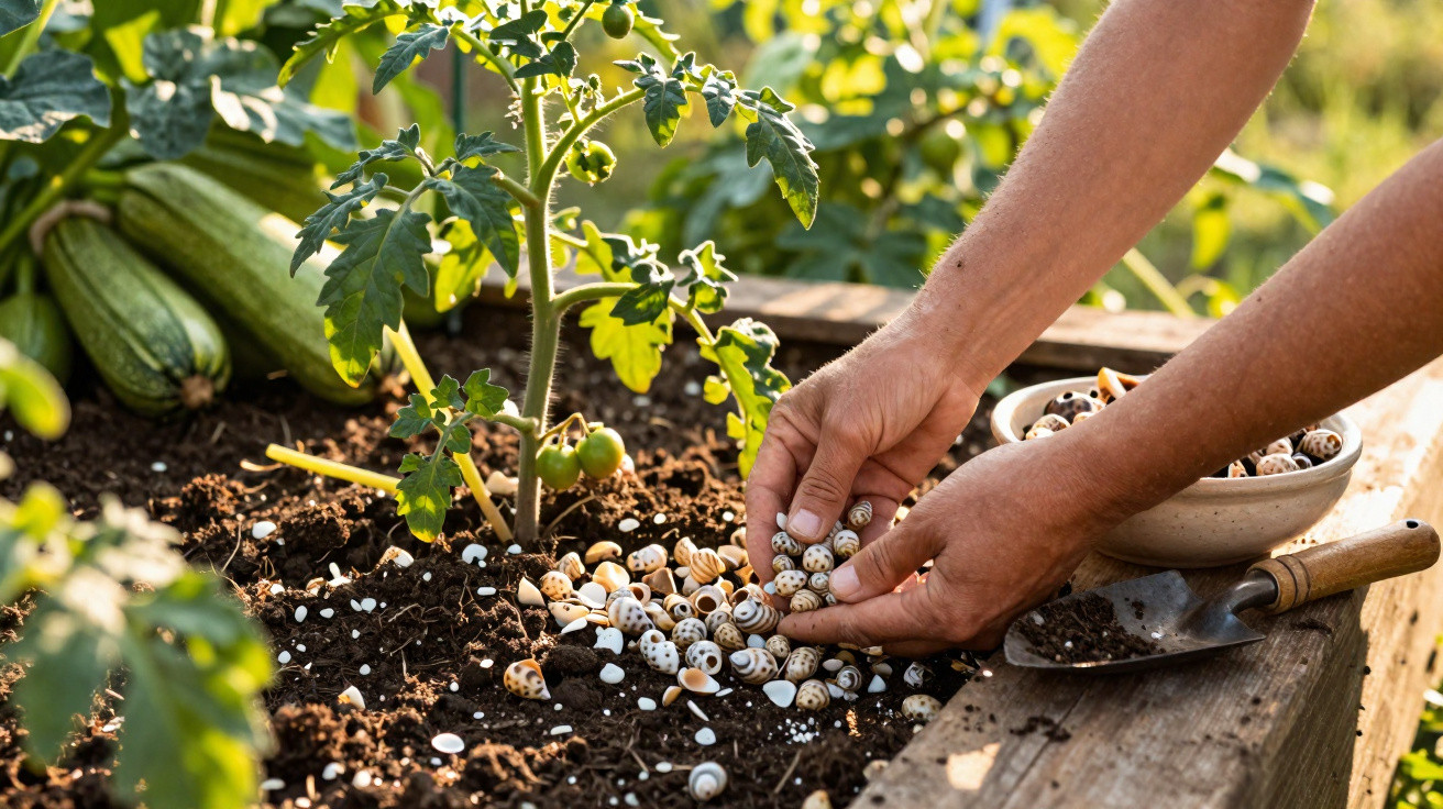Hands spreading decorative shells around a young tomato plant in a raised garden bed on a sunny day.
