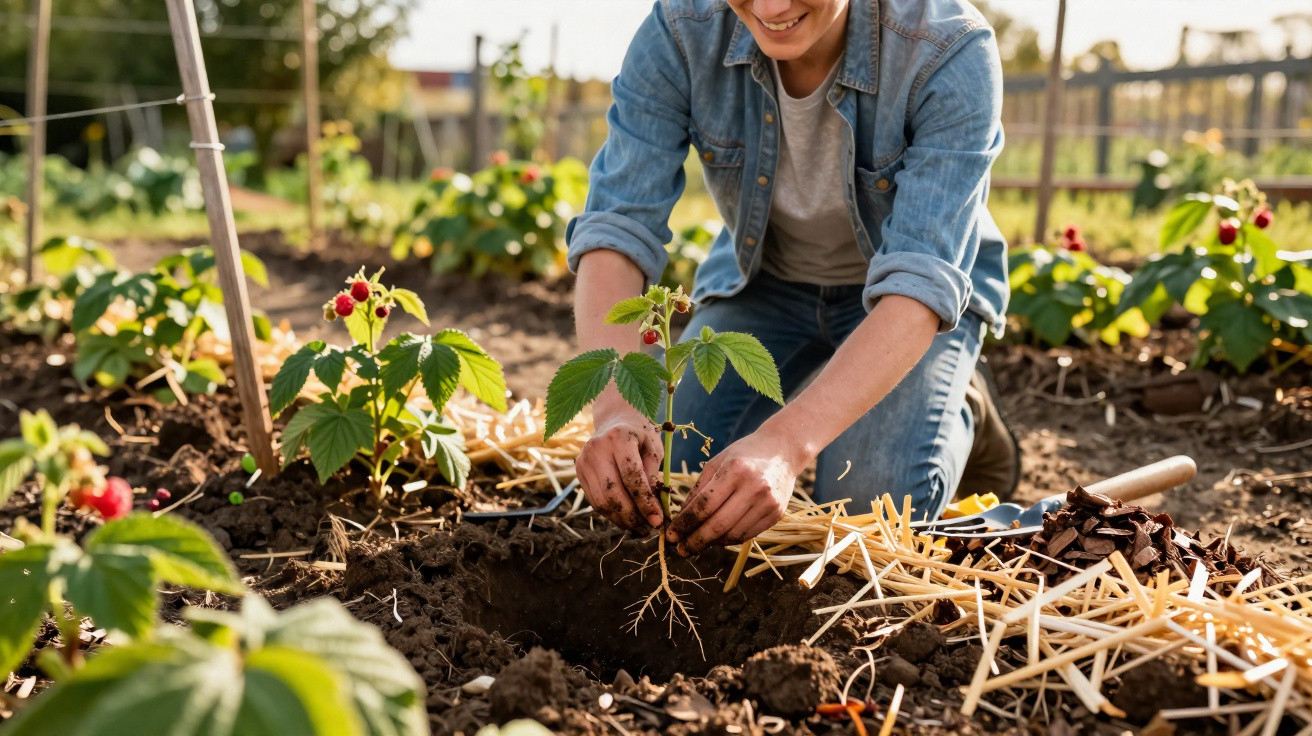 Person wearing a denim jacket planting a young raspberry bush in a garden bed with gardening tools nearby.