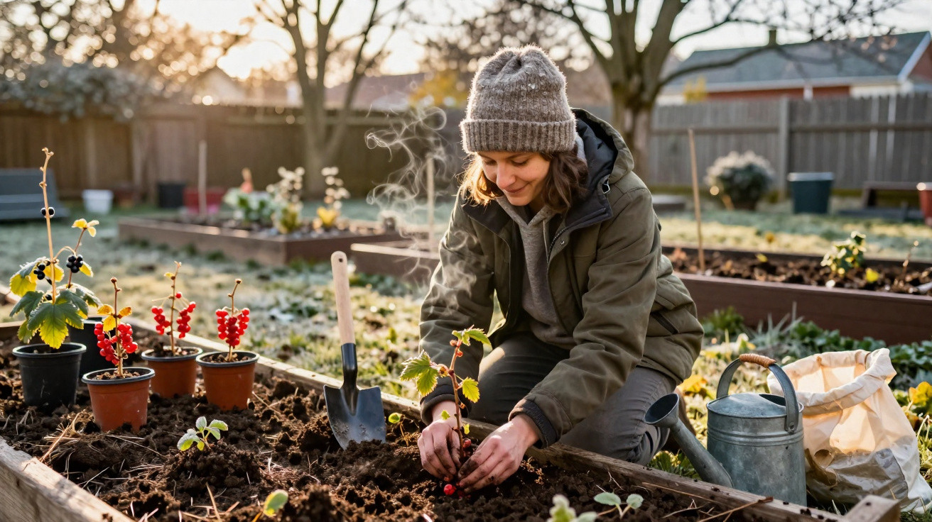Woman wearing a hat and coat planting seedlings in a raised garden bed on a frosty morning.