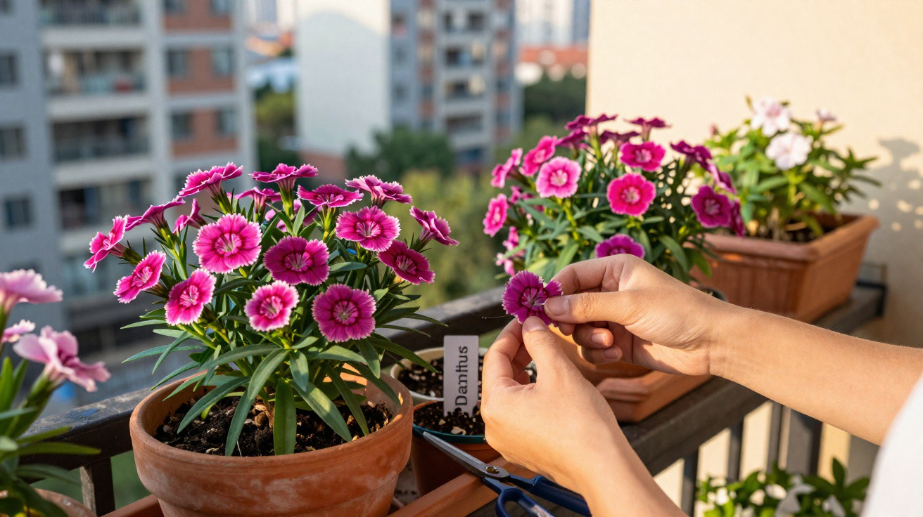 Person pruning vibrant pink dianthus flowers in terracotta pots on a balcony garden in daylight.