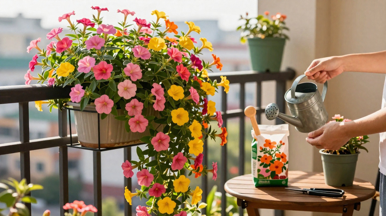 Person watering pink, yellow, and orange flowers on a balcony with gardening tools on a wooden table.