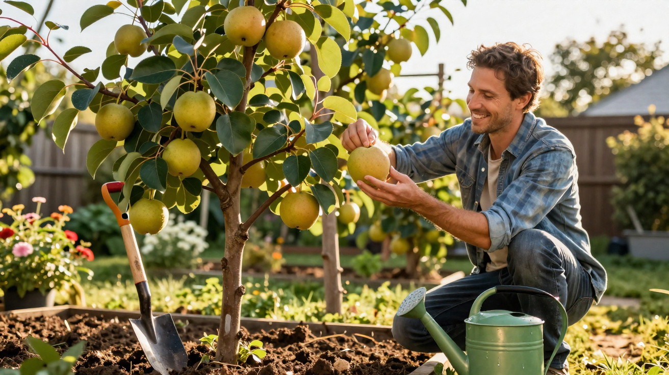 Man harvesting ripe pears from a tree in a sunlit garden with gardening tools nearby