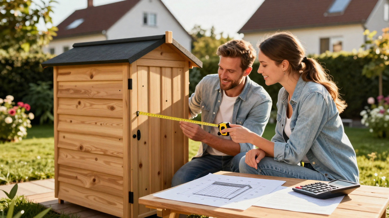 Couple measuring a wooden garden shed with tape measure while reviewing building plans outdoors.