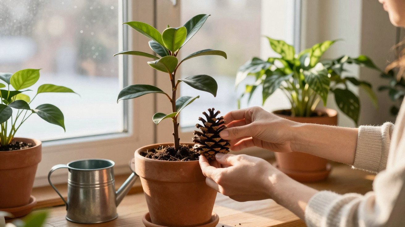 Hands holding a pine cone beside a green potted plant on a sunny windowsill with other houseplants.