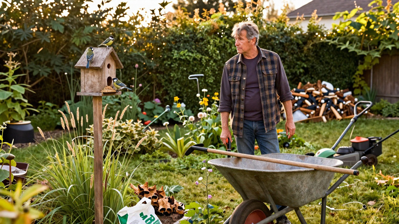 Man in garden tending to birdhouse with several birds perched nearby and gardening tools around.