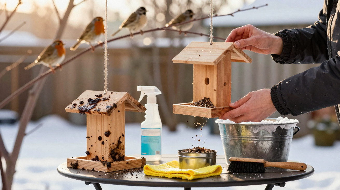 Hands filling a wooden bird feeder with seeds on a table, birds perched on tree branches nearby in winter.