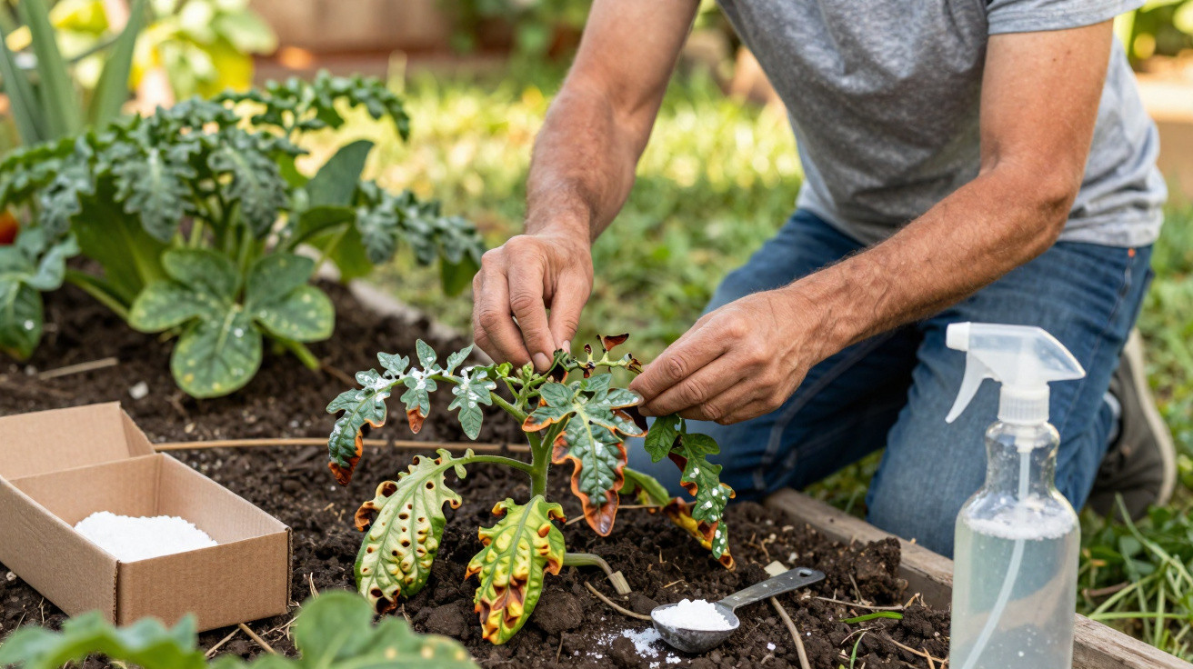 Person treating diseased plant leaves in garden with white powder and spray bottle nearby.