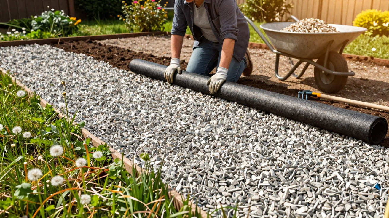 Person laying landscaping fabric over a gravel bed in a garden with a wheelbarrow nearby.