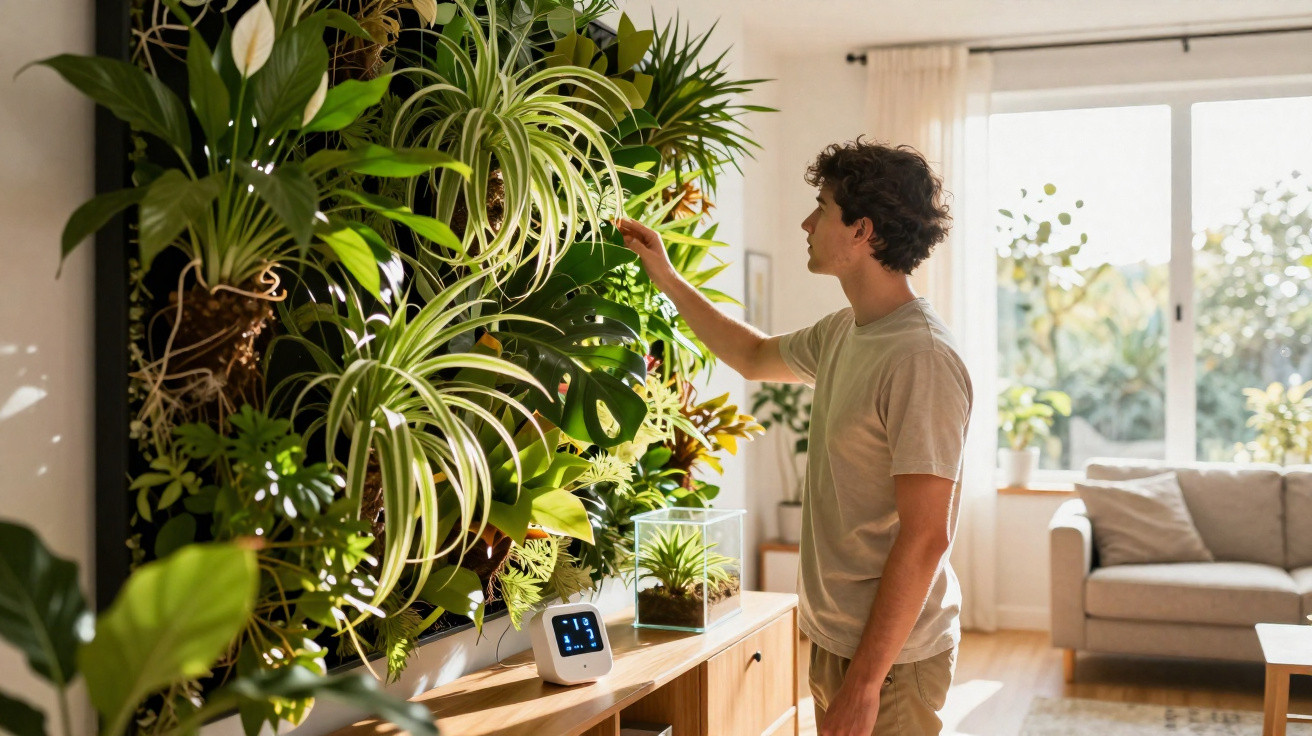 Young man tending to large indoor vertical garden in bright living room with modern decor and large window.