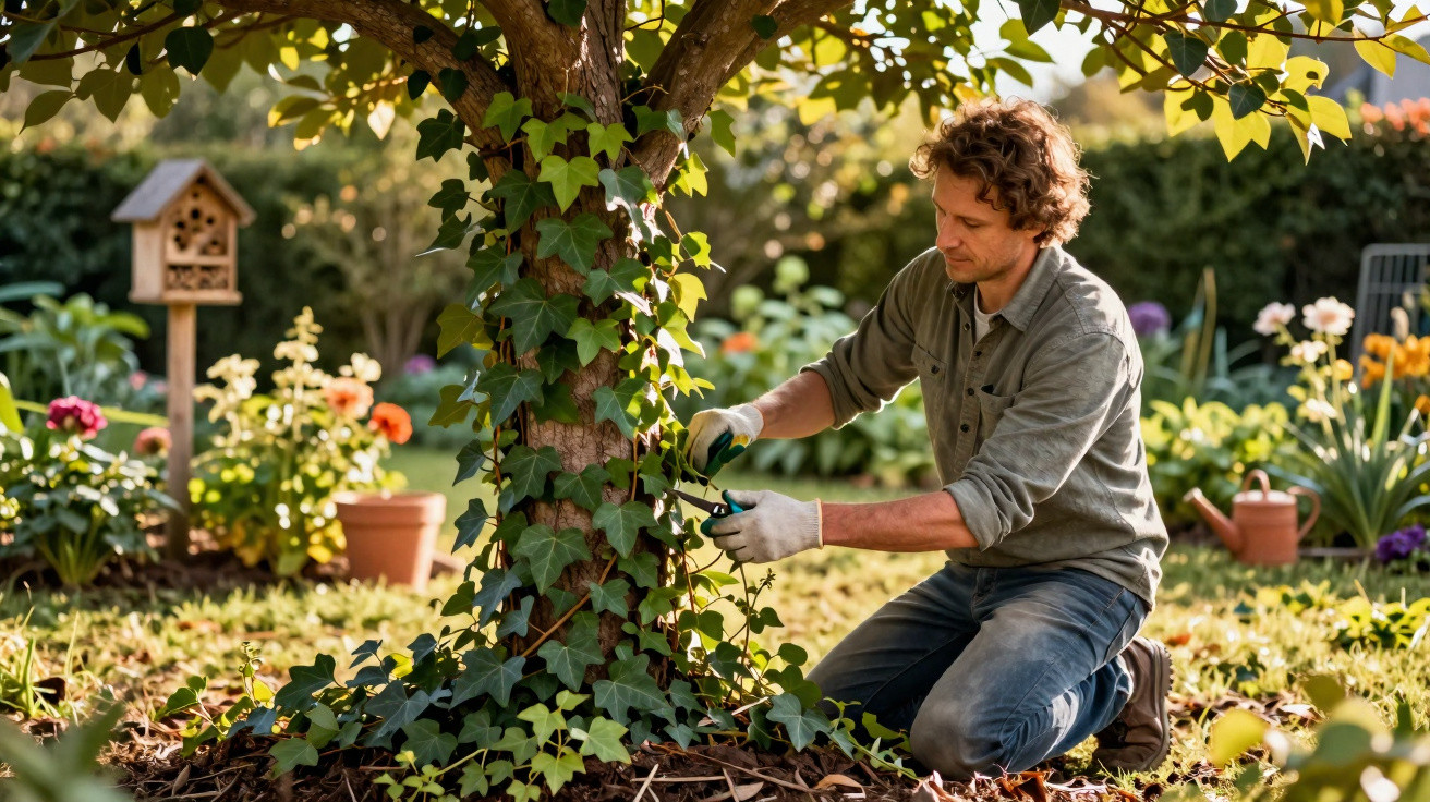 Man kneeling in garden pruning ivy growing on tree trunk on sunny day with flowers and birdhouse in background