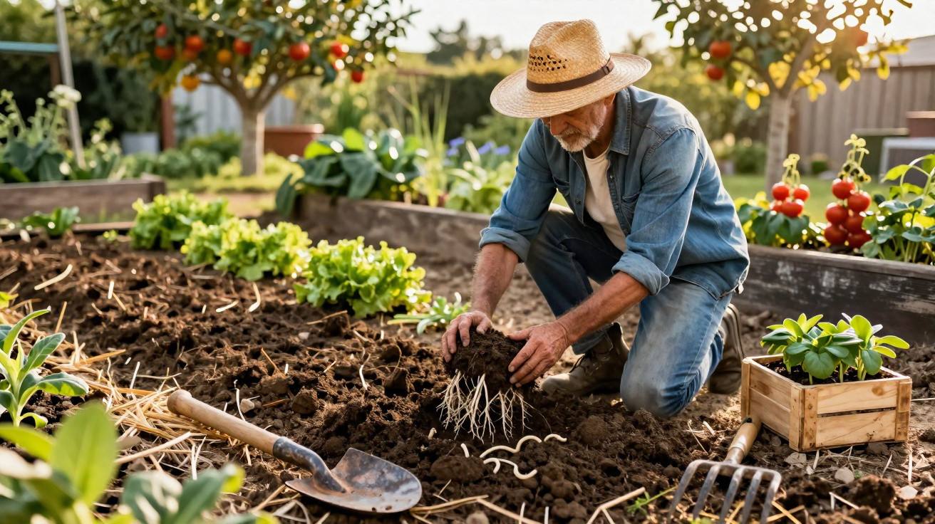 Elderly man in a straw hat kneeling in a garden, preparing soil with a plant’s roots exposed.