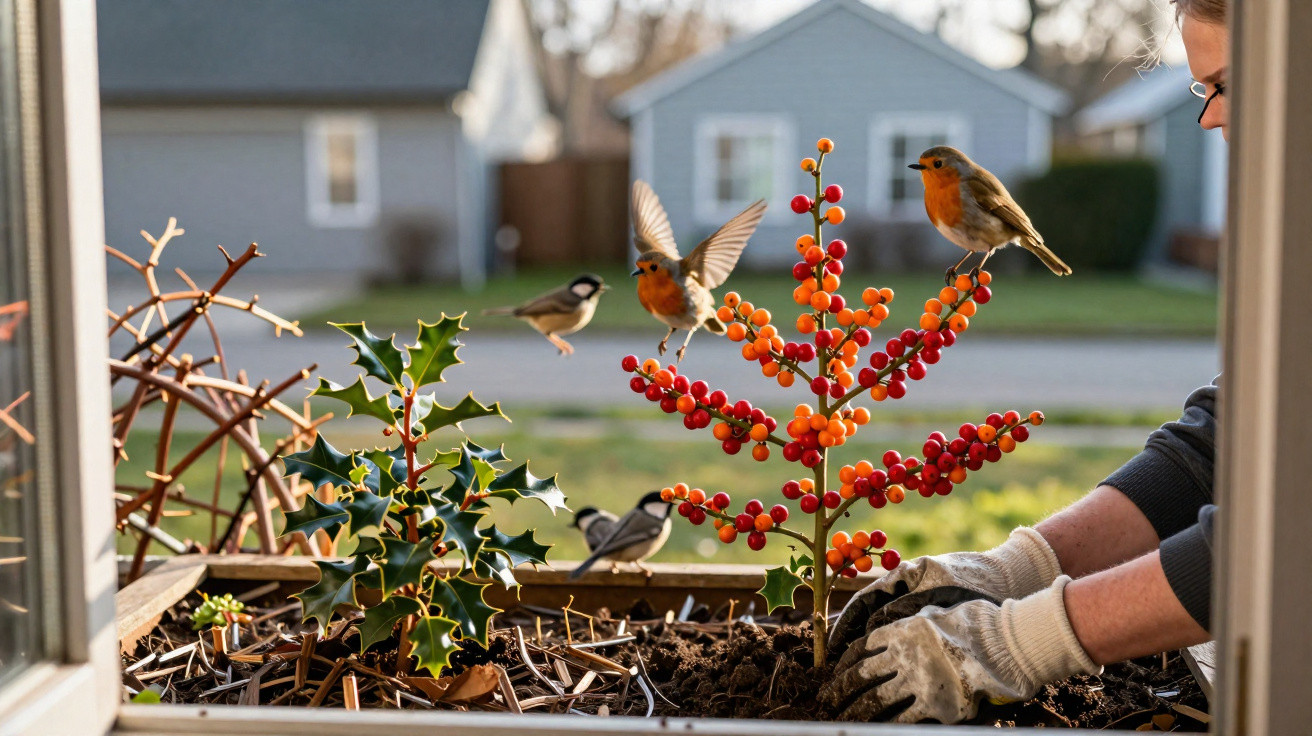 Person planting a vibrant red berry branch while robins and tits fly nearby in a window garden box.