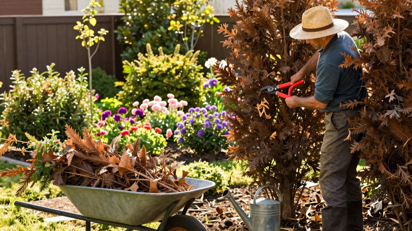 Man in a straw hat pruning brown leaves from a garden shrub with a wheelbarrow and watering can nearby.