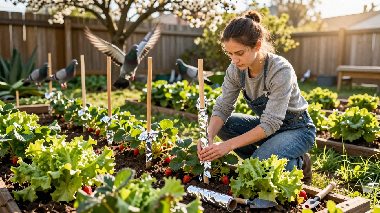 Woman in denim overalls tending to a strawberry patch in a sunlit garden with birds nearby.
