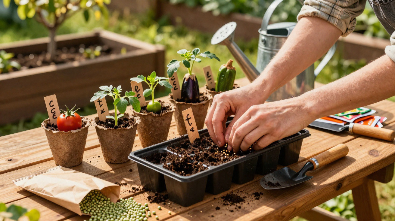 Person planting seeds in a tray on a wooden table with labelled potted seedlings and gardening tools outdoors.