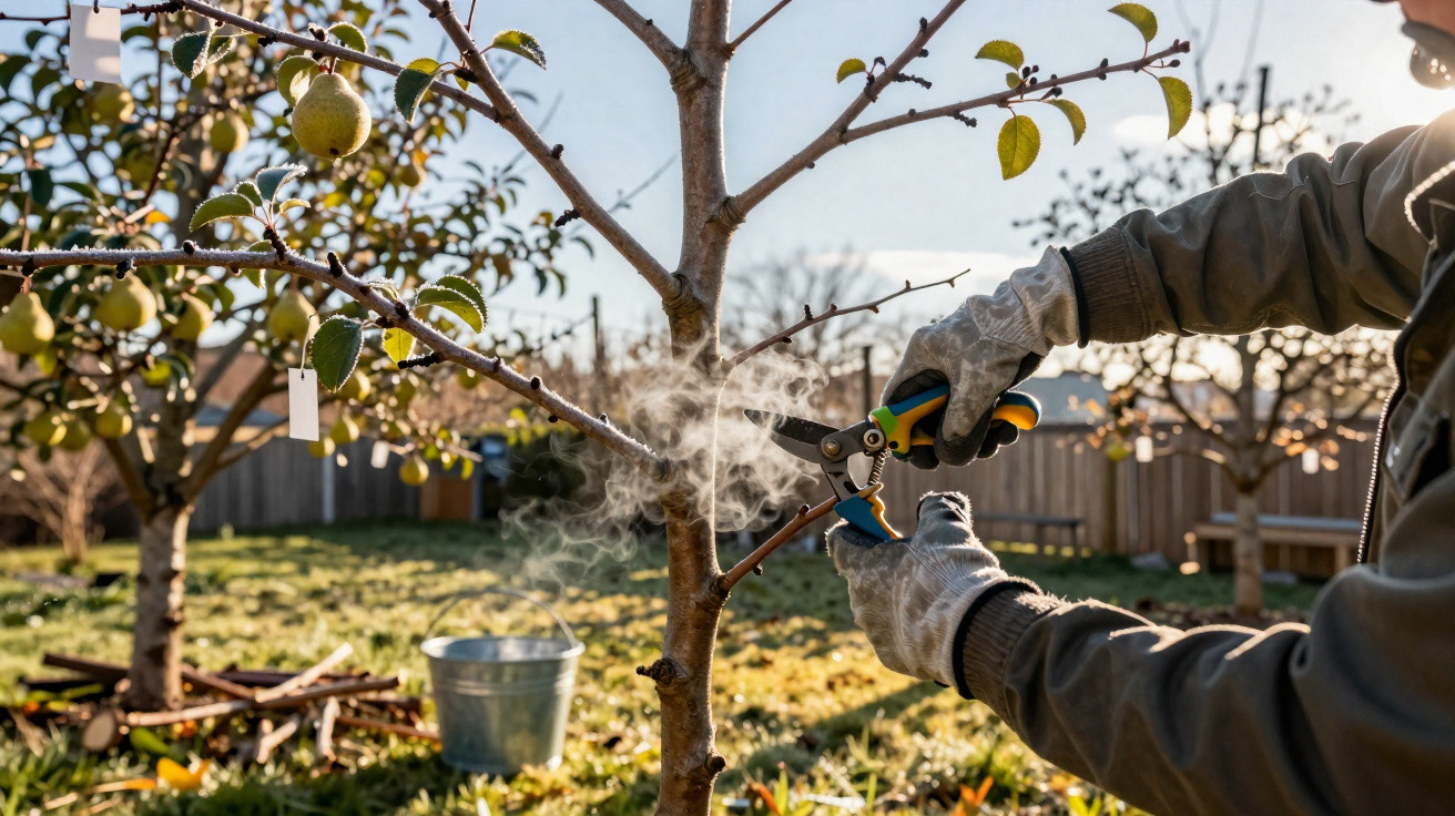 Person wearing gloves pruning a tree branch with secateurs on a sunny day in an orchard.