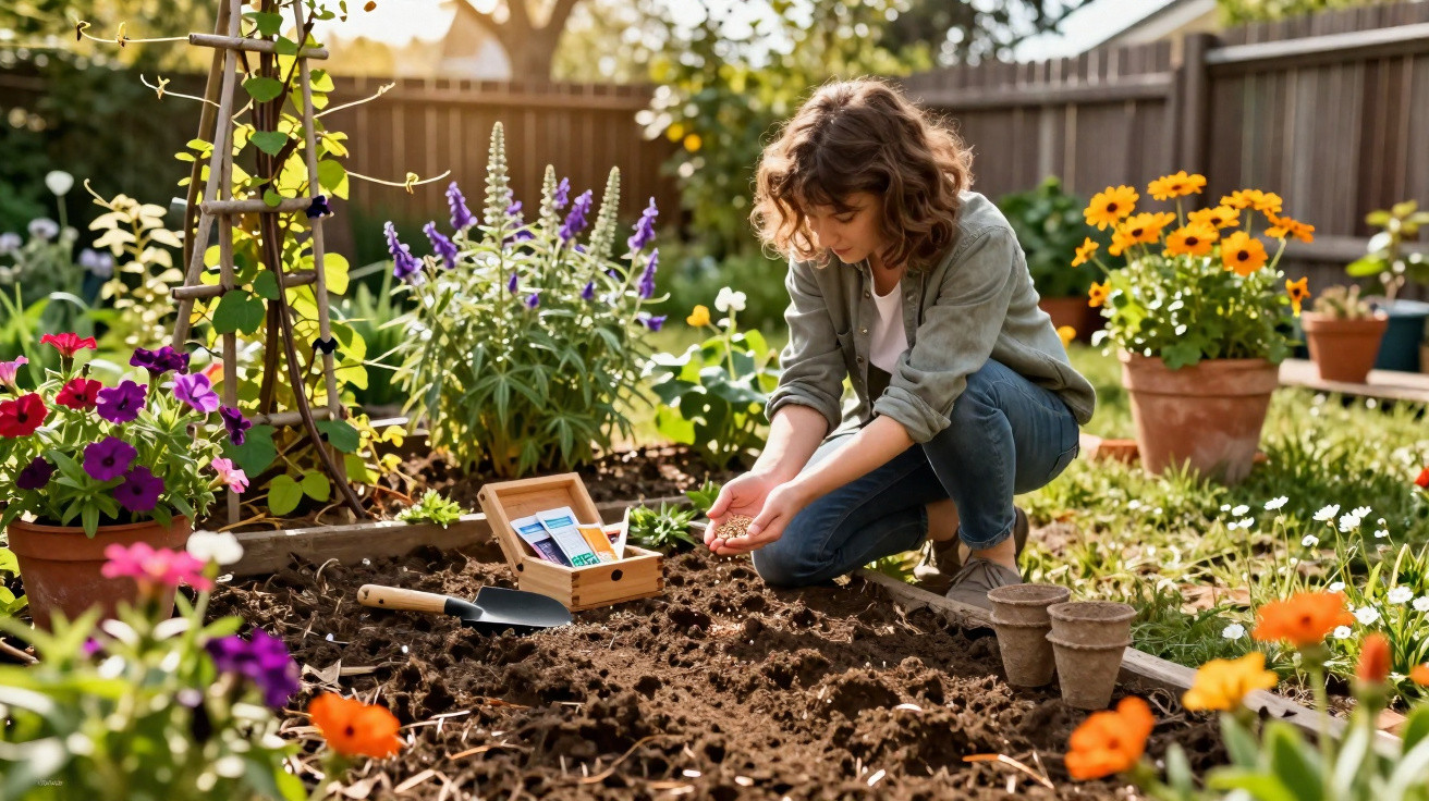 Person planting seeds in a garden surrounded by colourful flowers on a sunny day.