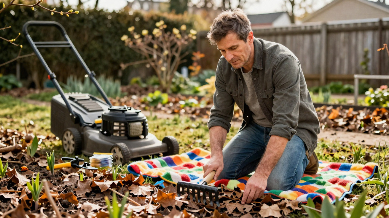 Man raking leaves on a colourful blanket in a garden with a lawnmower nearby on an autumn day.