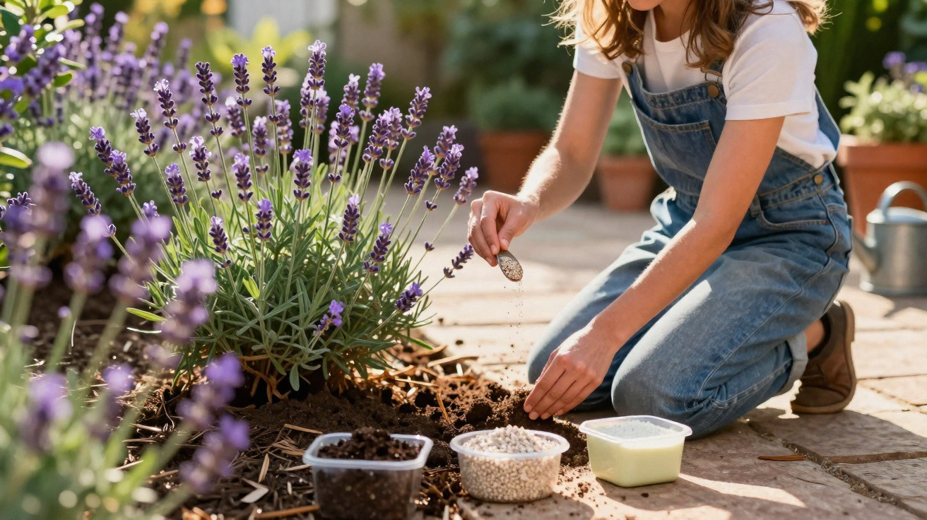 Person kneeling in a garden beside lavender plants, spreading fertiliser into soil with gardening supplies nearby.